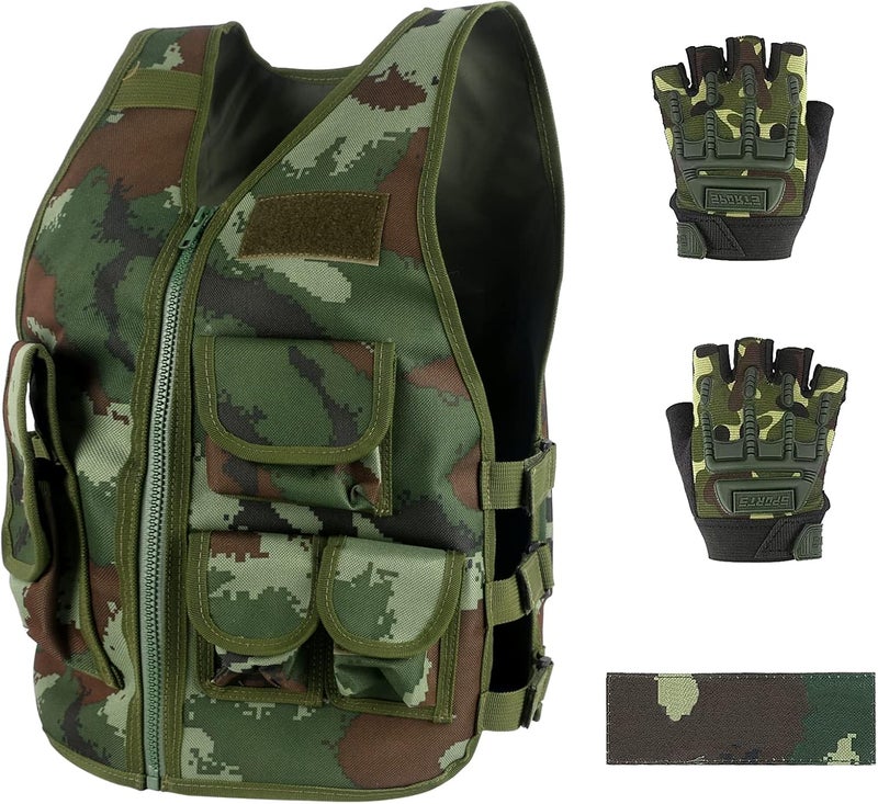 Green Bean Kids Outdoor Tactical Vest, Children's Combat Vest Adjustable Breathable Vest with Kids Half Finger Short Gloves - Image 1